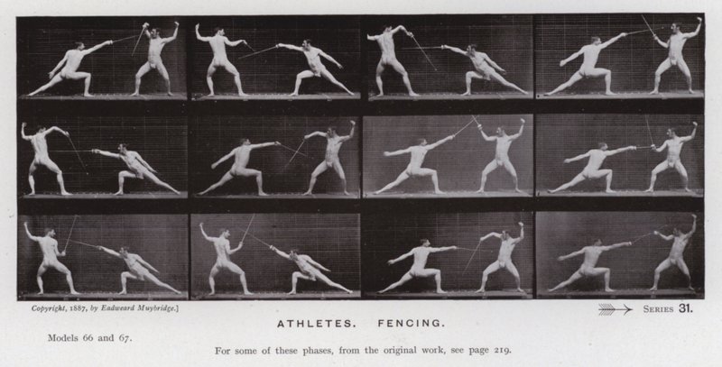Den mänskliga figuren i rörelse: idrottare, fäktning (s/v foto) av Eadweard Muybridge