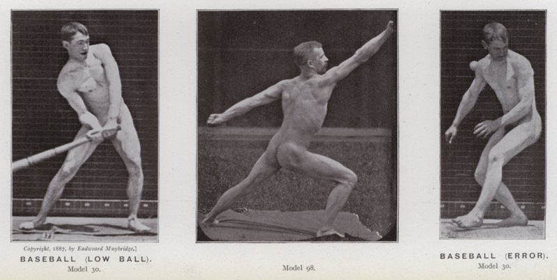 Den mänskliga figuren i rörelse: baseboll, låg boll; Baseball, fel (s/v foto) av Eadweard Muybridge
