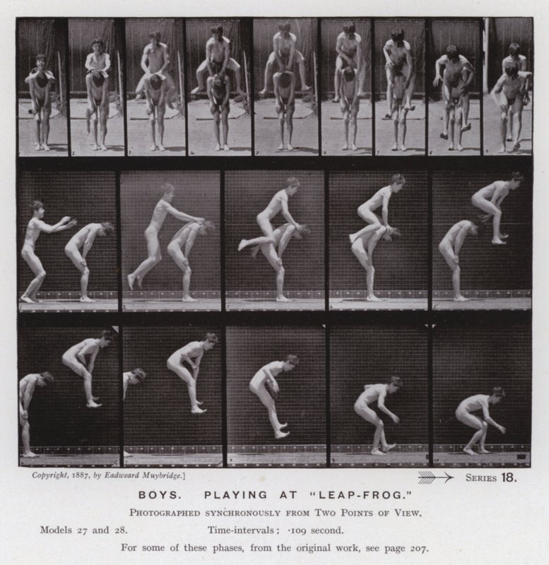 The Human Figure in Motion: Boys, spelar på "Leap-Frog" (s/v foto) av Eadweard Muybridge