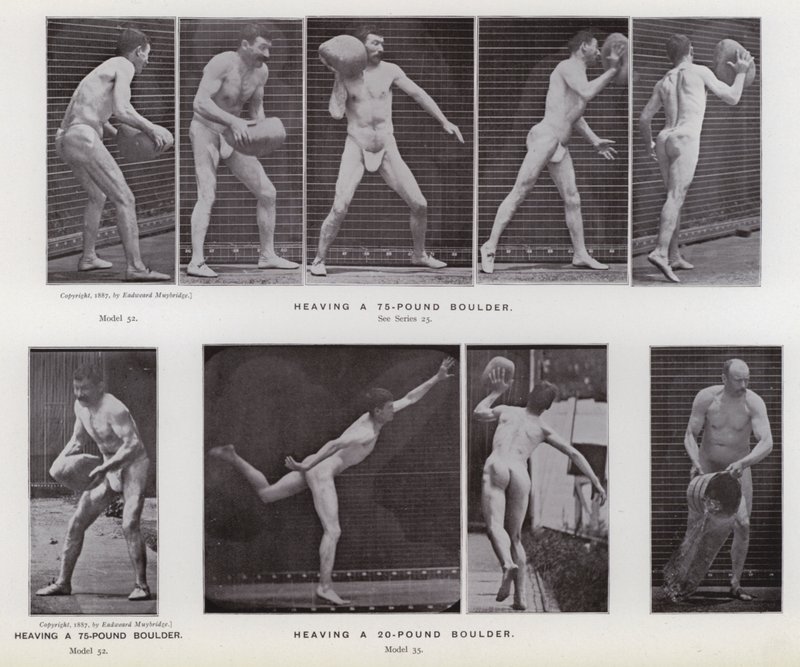 Den mänskliga figuren i rörelse: Hängande ett stenblock på 75 pund; Hänger ett stenblock på 20 pund (s/v foto) av Eadweard Muybridge