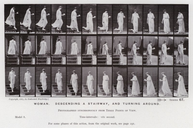 Den mänskliga figuren i rörelse: Kvinna som går ner för en trappa och vänder sig om (s/v foto) av Eadweard Muybridge