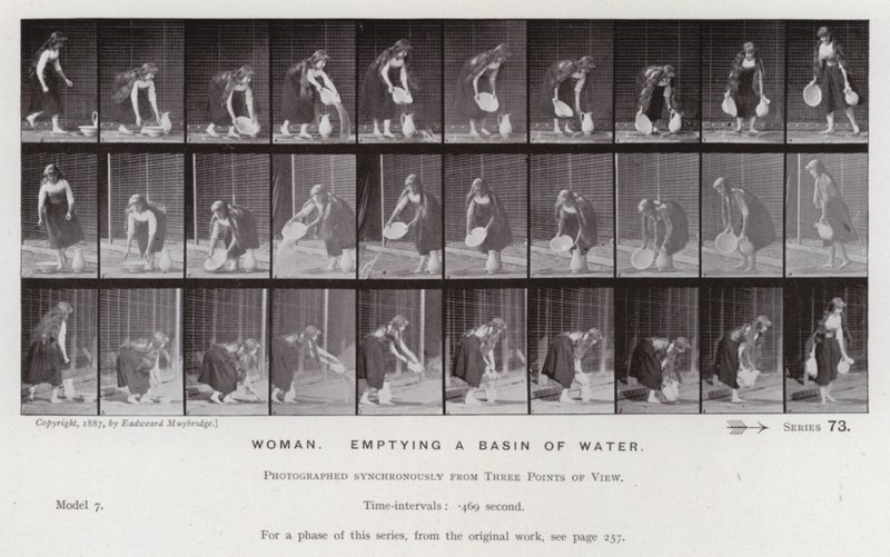 Den mänskliga figuren i rörelse: Kvinna som tömmer en bassäng med vatten (s/v foto) av Eadweard Muybridge