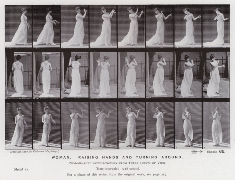 Den mänskliga figuren i rörelse: Kvinna, räcker upp händerna och vänder sig om (s/v foto) av Eadweard Muybridge