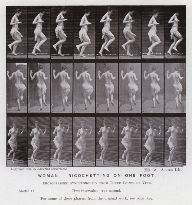 Den mänskliga figuren i rörelse: kvinna, rikoschetterande på en fot (s/v foto) av Eadweard Muybridge