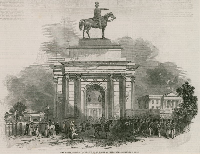Den stora Wellington-statyn och bågen som den ser ut från Constitution Hill. av Ebenezer Landells