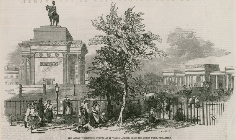 Den stora Wellington-statyn och bågen som den skulle se ut från Green Park, Piccadilly av Ebenezer Landells