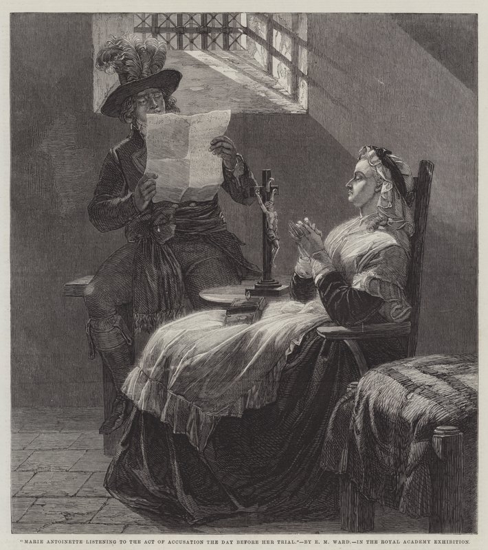Marie Antoinette lyssnar på anklagelseakten dagen före rättegången. av Edgar Melville Ward