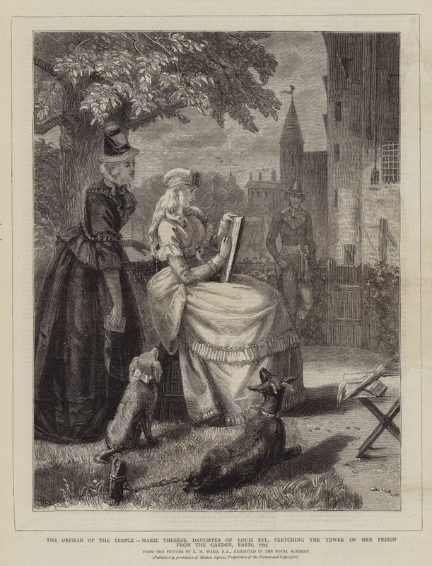 Templets föräldralösa, Marie Therese, dotter till Ludvig XVI, skissar tornet i hennes fängelse från trädgården, Paris, 1795 av Edgar Melville Ward
