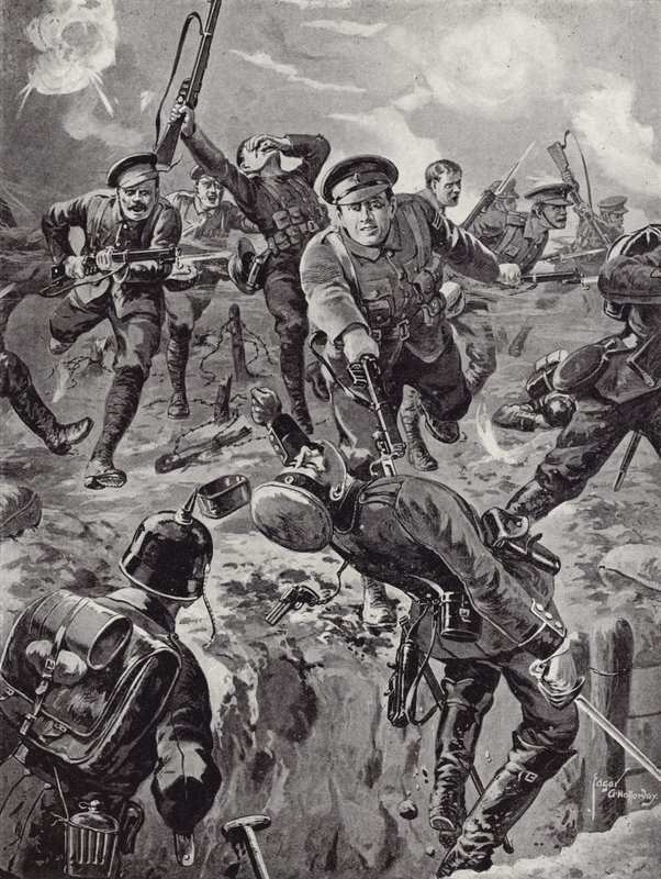 Korpral Joseph Davies och åtta män dirigerar med bajonetter en grupp tyskar som tidigare hade omringat dem, Delville Wood, Frankrike, 20 juli 1916 av Edgar Alfred Holloway