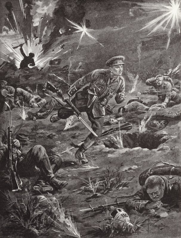 Löjtnant Benjamin Geary skyndar sig, under kraftig granatbeskjutning, till en skyttegrav till höger om Hill 60 för att komma i kontakt med en officer, Ypres, Belgien, april 1915 av Edgar Alfred Holloway