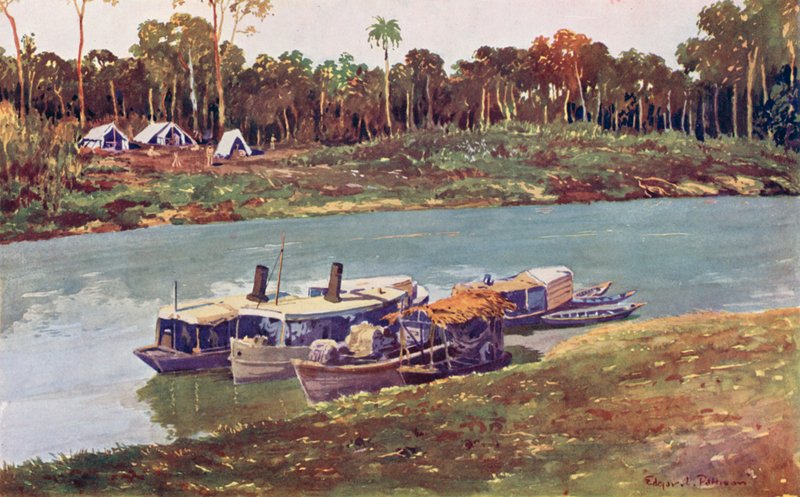 Ett militärläger på räckhåll för övre Amazonas, tre tusen miles från havet (färg litho) av Edgar L. Pattison