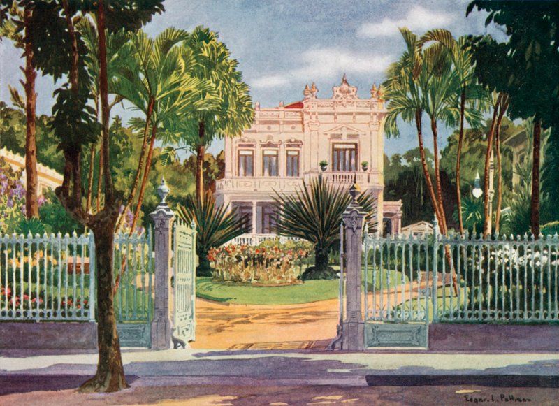 Greve Paulo de Frontins bostad, Petropolis (färg litho) av Edgar L. Pattison