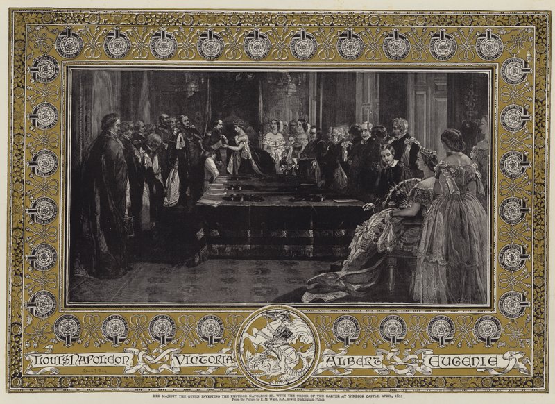 Hennes Majestät Drottningen ger kejsar Napoleon III med Strumpebandsorden vid Windsor Castle, april 1855 av Edgar Melville Ward