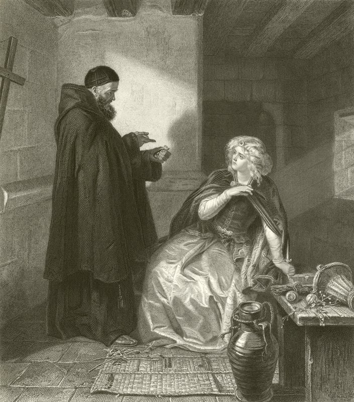Juliet in the cell of Friar Lawrence (gravyr) av Edgar Melville Ward