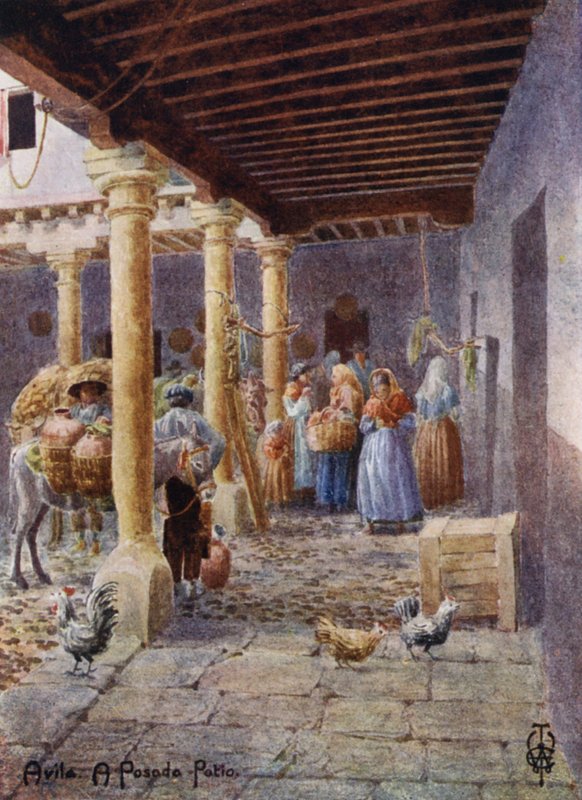 Norra Spanien: Avila, A Posada Patio (färg litho) av Edgar T. A. Wigram