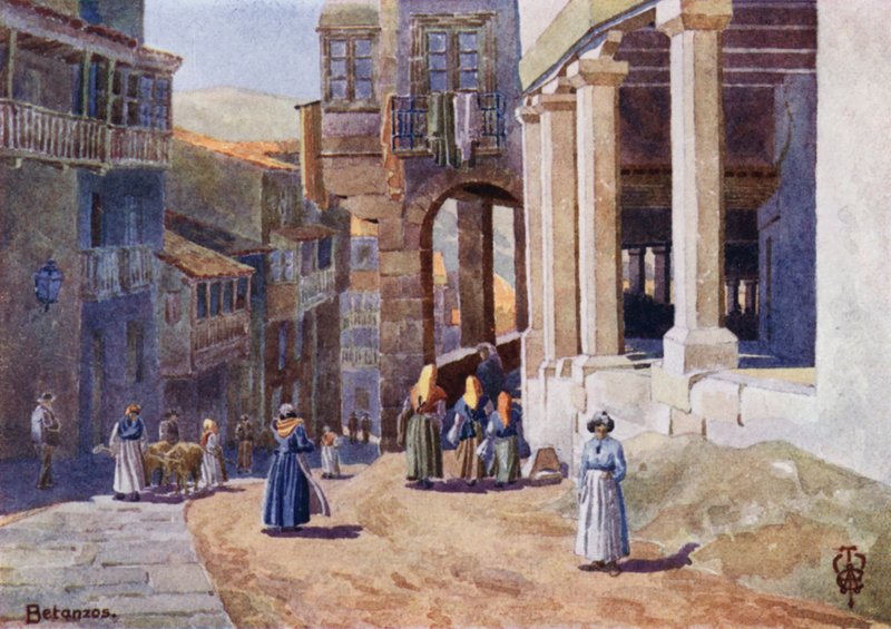 Norra Spanien: Betanzos, A Colonnaded Calle (färg litho) av Edgar T. A. Wigram