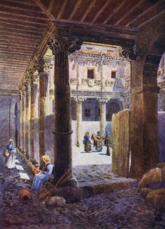 Norra Spanien: Burgos, Casa de Mirandas uteplats (färg litho) av Edgar T. A. Wigram