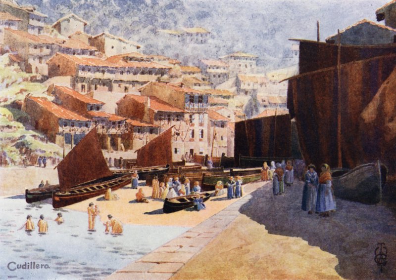 Norra Spanien: Cudillero, Hamnen (färg litho) av Edgar T. A. Wigram