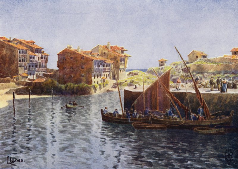 Norra Spanien: Llanes, The Harbour (färg litho) av Edgar T. A. Wigram