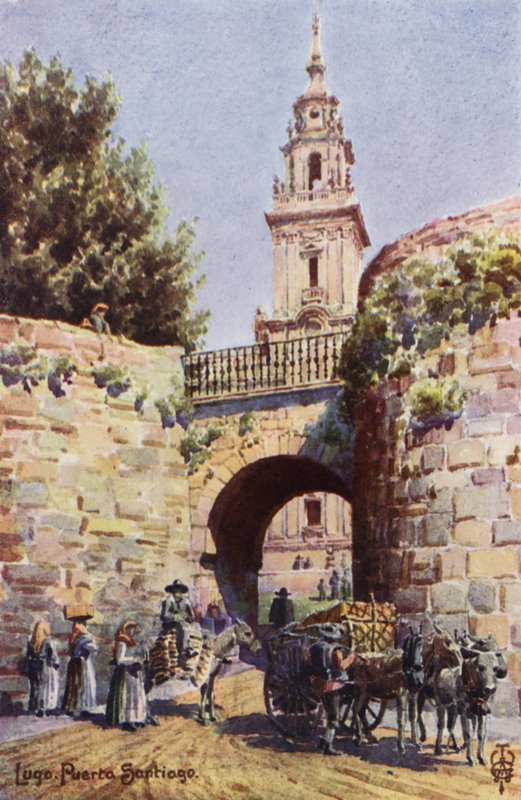 Norra Spanien: Lugo, Santiago-porten (färg litho) av Edgar T. A. Wigram