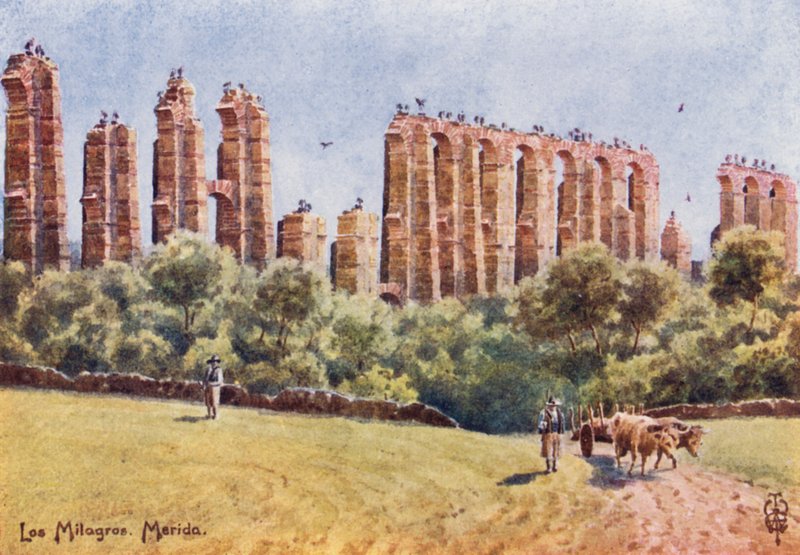 Norra Spanien: Merida, "Los Milagros", ruinerna av den stora akvedukten (färg litho) av Edgar T. A. Wigram