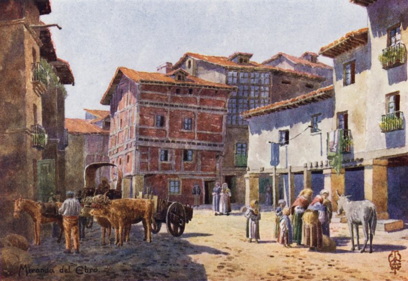 Norra Spanien: Miranda del Ebro, A Corner in the Town (färg litho) av Edgar T. A. Wigram