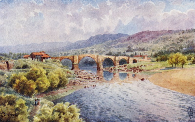 Norra Spanien: Orense, Bron över Mino (färg litho) av Edgar T. A. Wigram