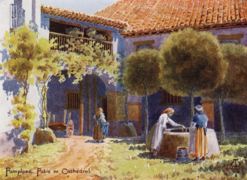 Norra Spanien: Pamplona, en uteplats nära katedralen (färg litho) av Edgar T. A. Wigram