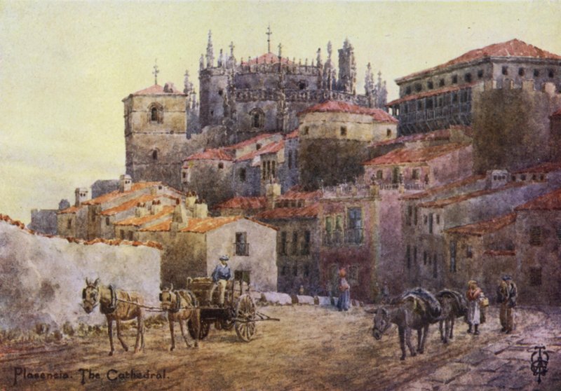 Norra Spanien: Plasencia, stadsmuren och katedralen (färg litho) av Edgar T. A. Wigram