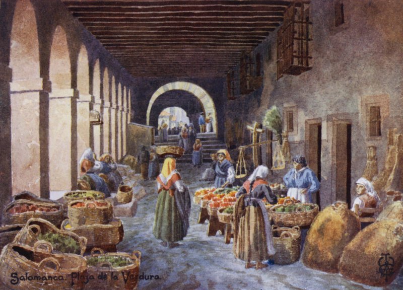 Norra Spanien: Salamanca, arkader på Plaza de la Verdura (färg litho) av Edgar T. A. Wigram