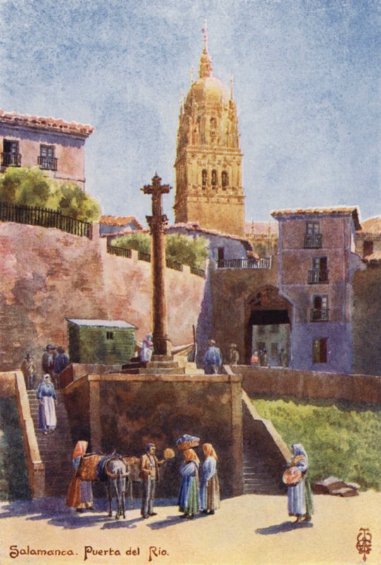 Norra Spanien: Salamanca, Puerta del Rio, med katedraltornet (färg litho) av Edgar T. A. Wigram