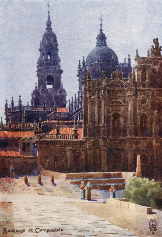 Norra Spanien: Santiago de Compostela, katedralen från nordost (färg litho) av Edgar T. A. Wigram