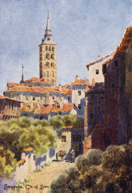 Norra Spanien: Segovia, San Esteban-kyrkan (färg litho) av Edgar T. A. Wigram