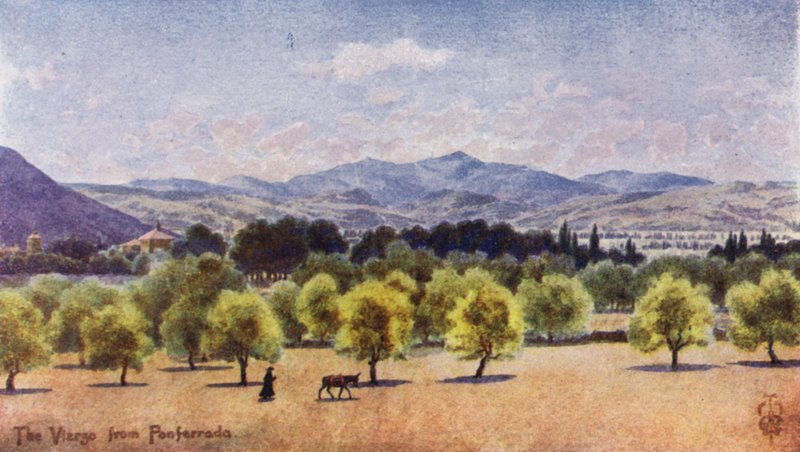 Norra Spanien: Vierzo, från Ponferrada, med utsikt mot passet Piedrafita (färg litho) av Edgar T. A. Wigram