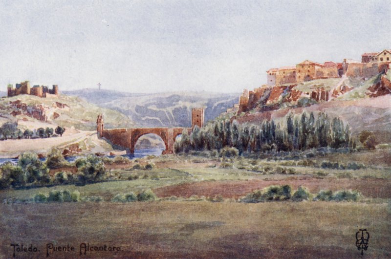 Norra Spanien: Toledo, Alcantaras bro, från Illescas Road (färg litho) av Edgar T. A. Wigram