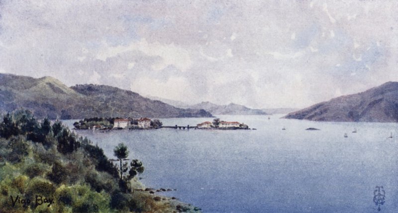 Norra Spanien: Vigo Bay, The Inner Harbour, med utsikt mot havet (färg litho) av Edgar T. A. Wigram