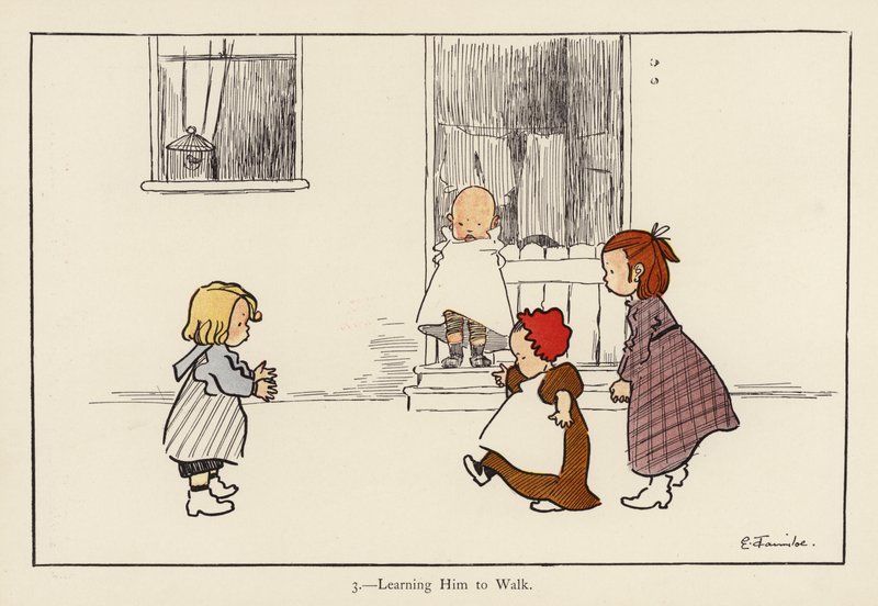 Lära honom att gå (färg litho) av Edith Farmiloe