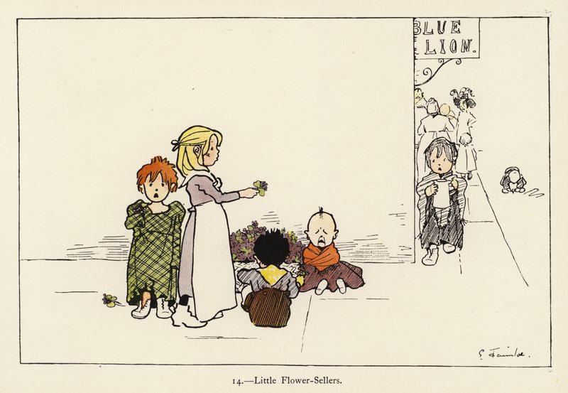 Little Flower-Sellers (färg litho) av Edith Farmiloe