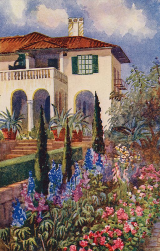 A Corner of the Garden på Villa Arcadia, Johannesburg (färg litho) av Edith Struben