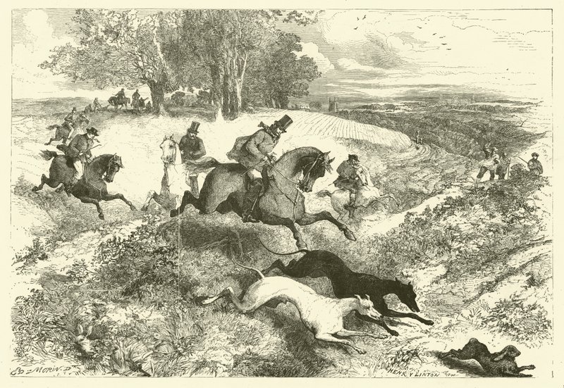 Hare coursing i England (gravyr) av Edmond (after) Morin