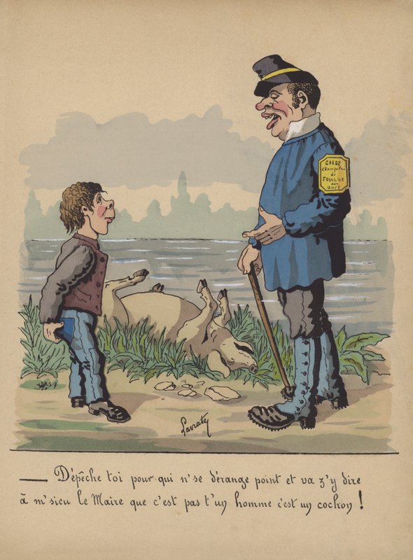 Viltvakt och pojke med en död gris (färg litho) av Edmond Lavrate
