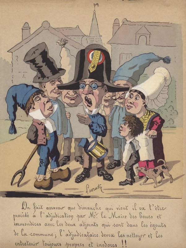 Läsning av ett meddelande från borgmästaren angående rengöring av kommunala avlopp (färg litho) av Edmond Lavrate