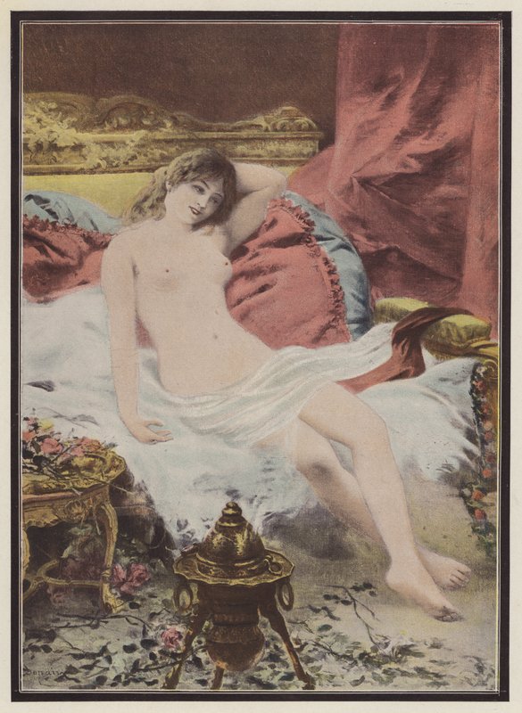 Delerium, kvinna som sitter på en soffa (färg litho) av Edmond Louis Dupain
