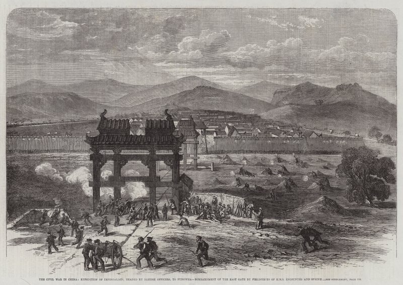Inbördeskriget i Kina, expedition av imperialister, ledda av brittiska officerare, till Fungwha, bombning av den östra porten med fältdelar från HMS Encounter och Sphinx av Edmund Morison Wimperis