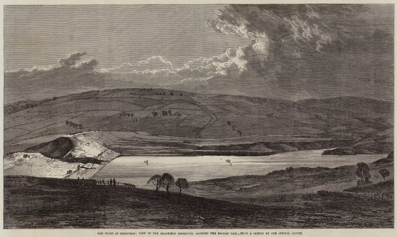 Översvämningen vid Sheffield, utsikt över Bradfield-reservoaren, som visar den trasiga dammen av Edmund Morison Wimperis