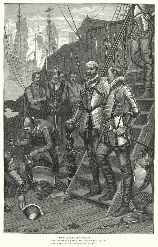 Sir Richard Grenvilles sista kamp (gravyr) av Edmund Blair (after) Leighton