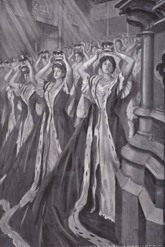 Peeresses sätter på sig sina kransar vid kröningen av drottning Alexandra, gemål till kung Edward VII, Westminster Abbey, London av Edmund Joseph (after) Sullivan