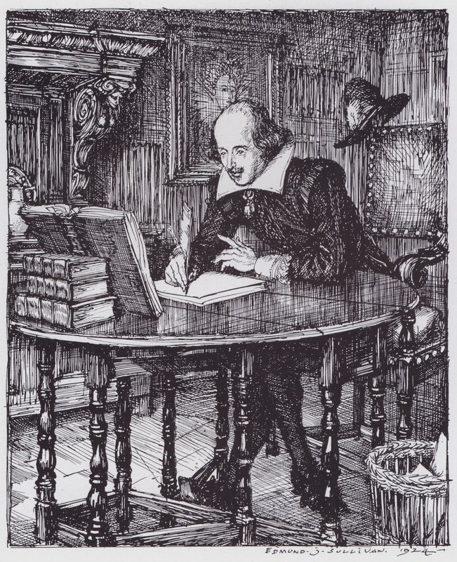 Shakespeare i hans arbetsrum (litho) av Edmund Joseph (after) Sullivan