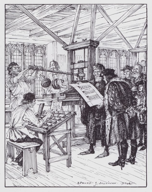 William Caxton i sitt tryckeri (litho) av Edmund Joseph (after) Sullivan