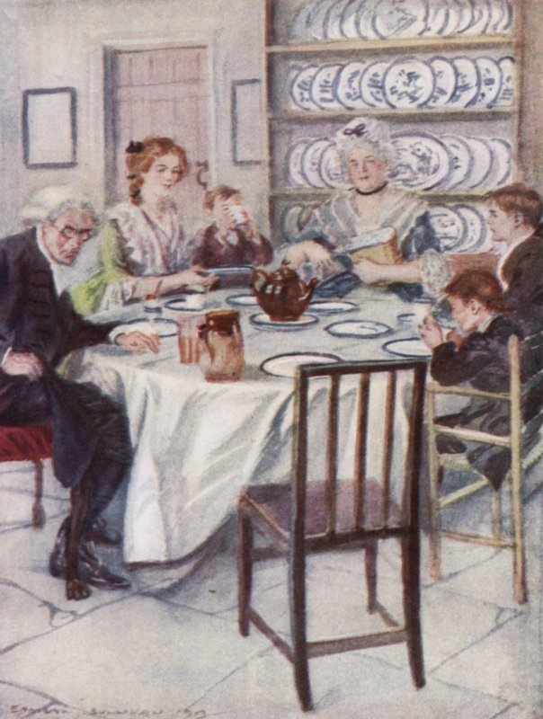 Illustration för The Vicar of Wakefield av Oliver Goldsmith (litho i färg) av Edmund Joseph Sullivan